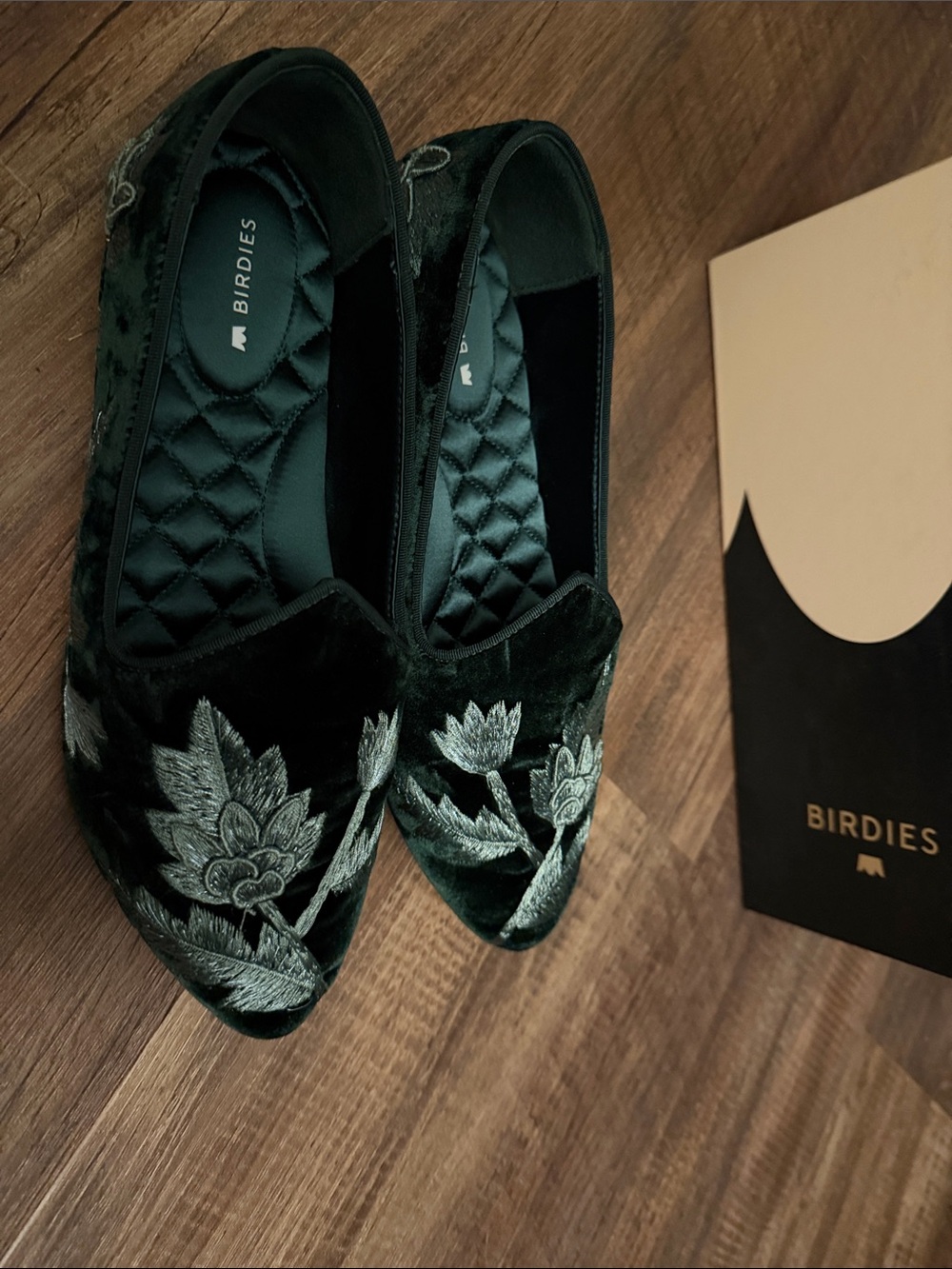 Birdies Dark Green Velvet Floral Pointed Toe Flats
